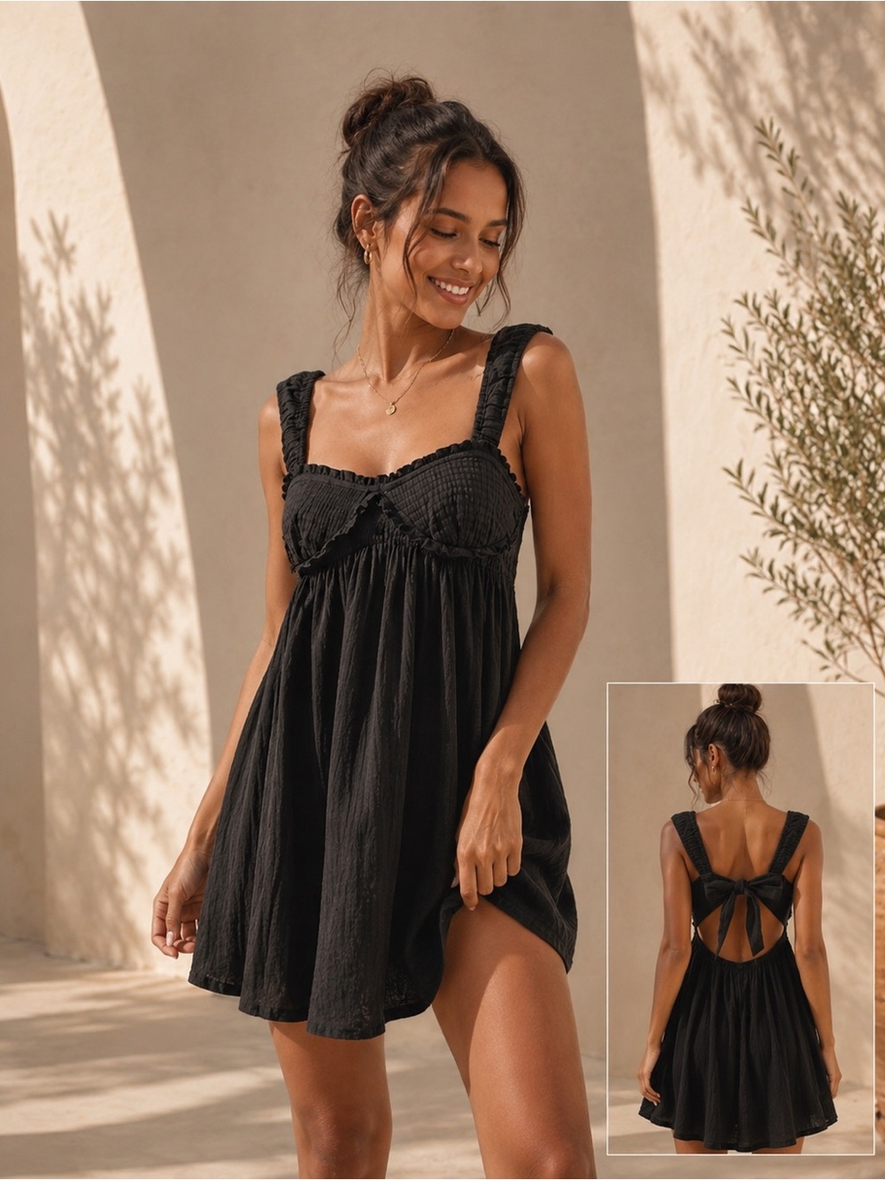 FREE PEOPLE Mini Dress Summer Cotton Linen Black - Picture 1 of 9